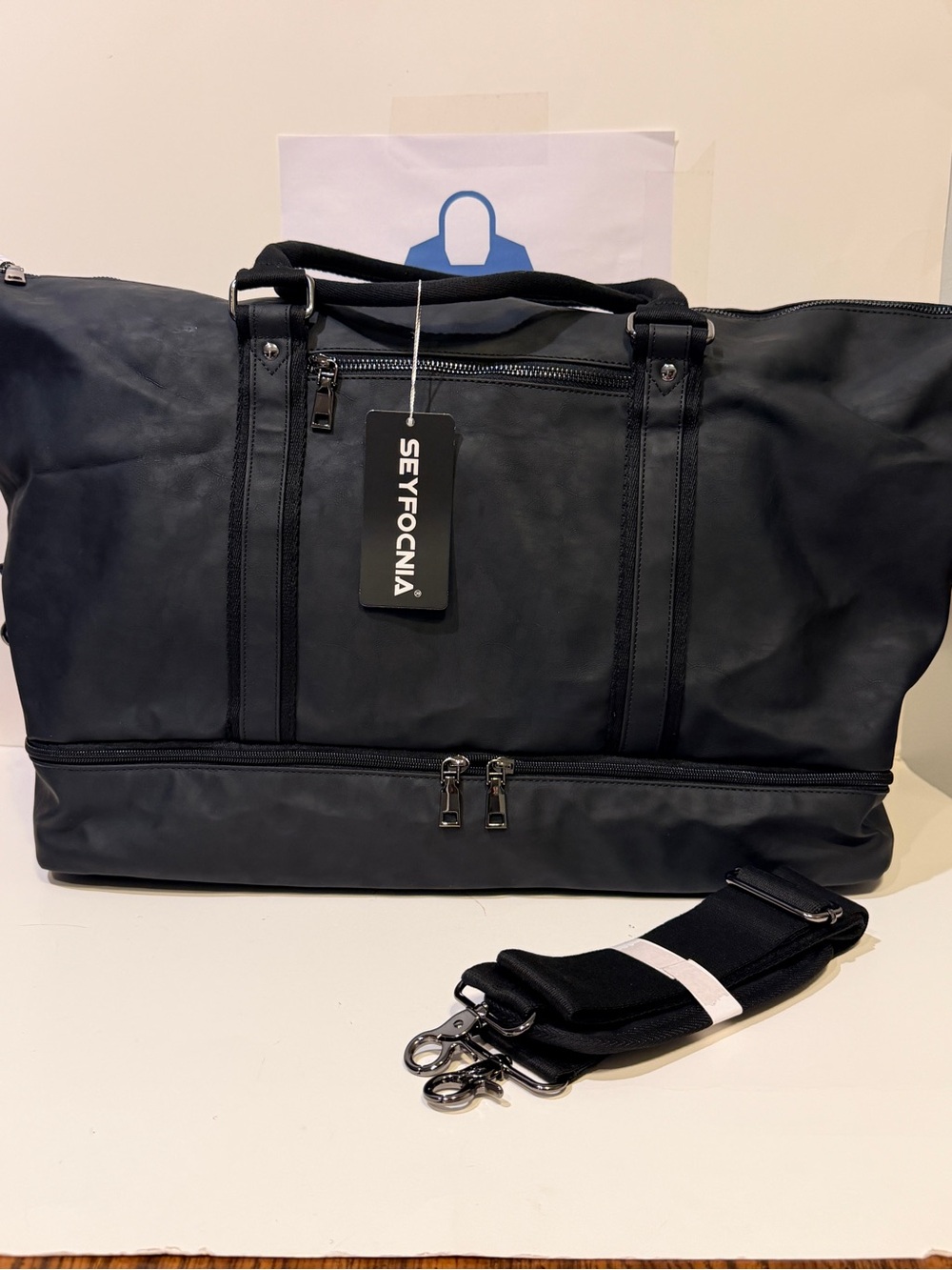 NWT Seyfocnia Black Men's Faux Leather Travel Duffel Bag